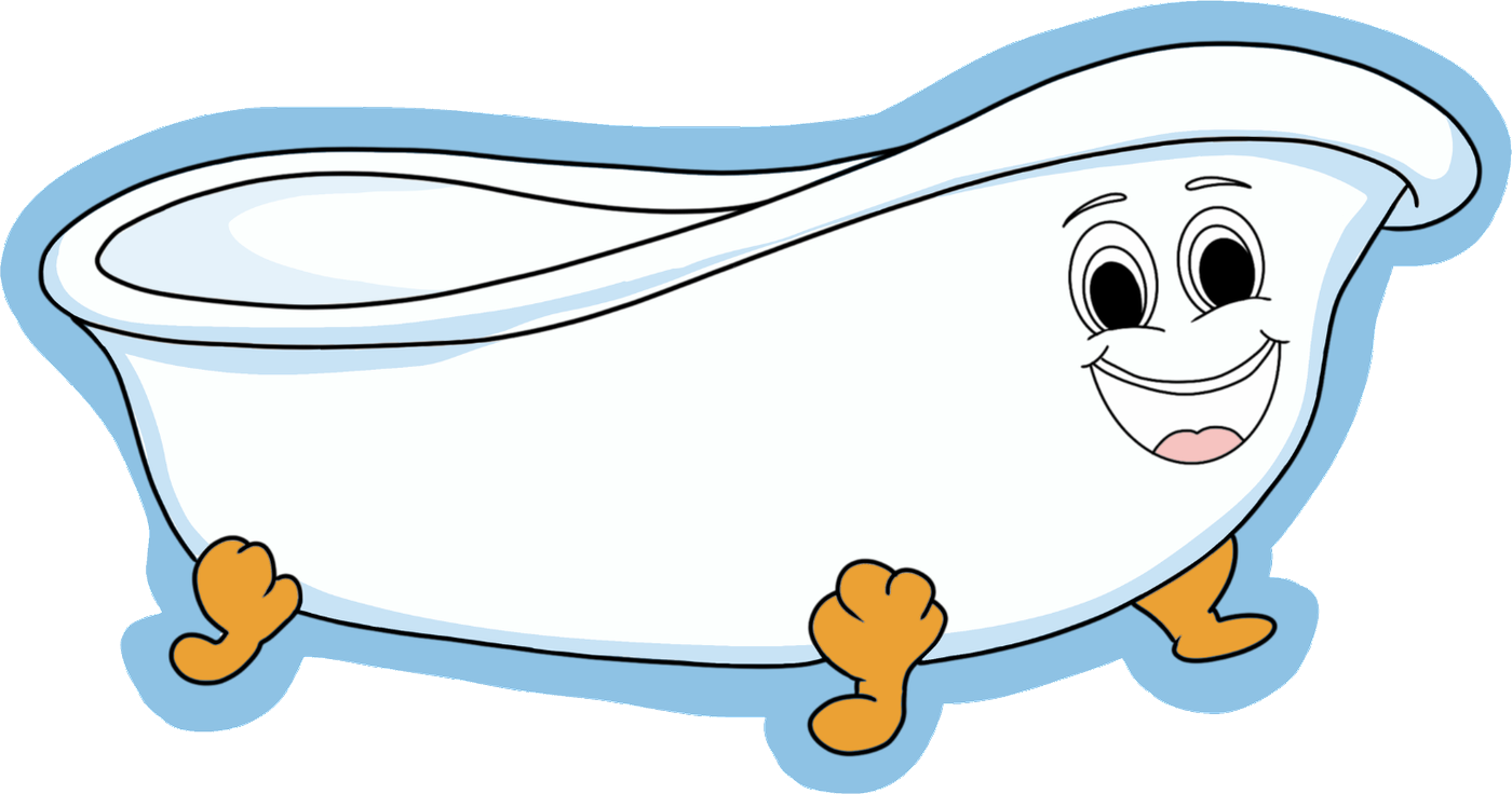 Bernie the Bath™ — a smiling white claw-foot bathtub with big blue eyes, rosy cheeks and orange claw feet