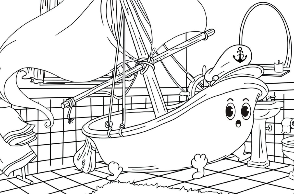 A sample colouring page showing Bernie the Bath™ transforming into a sailing boat