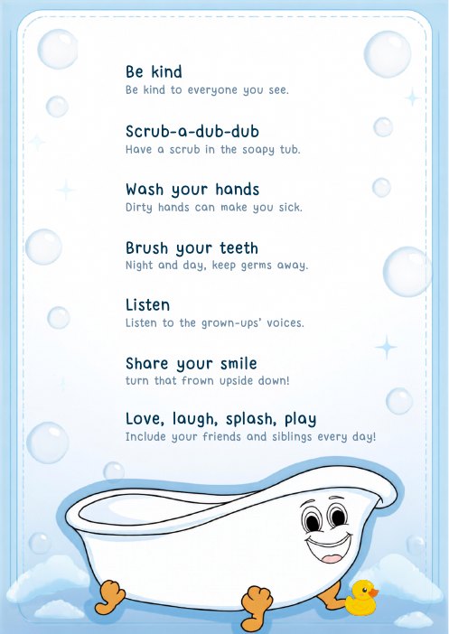 Bernie's Bubbly Buddies Rules poster with a bubbles frame