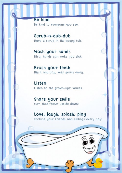 Bernie's Bubbly Buddies Rules poster with a shower curtain frame
