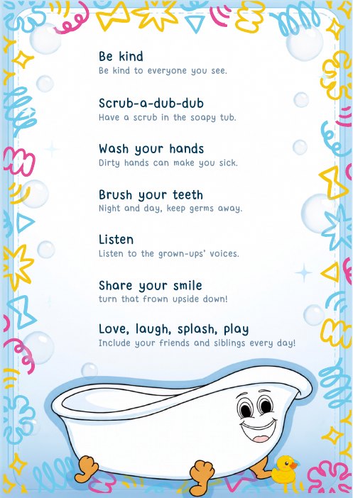 Bernie's Bubbly Buddies Rules poster with a doodles frame