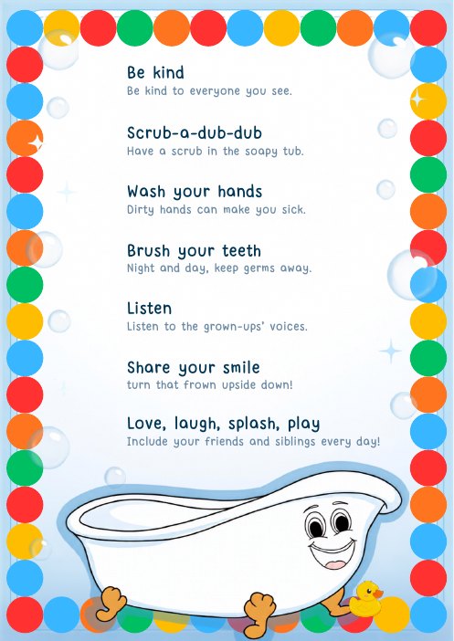 Bernie's Bubbly Buddies Rules poster with a bright dots frame