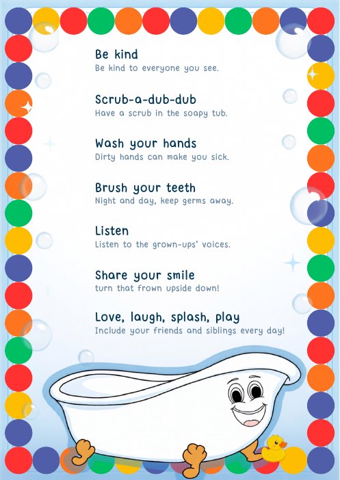 Bernie's Bubbly Buddies Rules poster with a navy dots frame