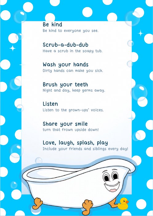 Bernie's Bubbly Buddies Rules poster with a blue spots frame