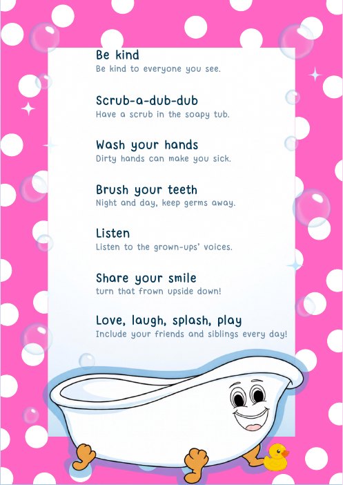 Bernie's Bubbly Buddies Rules poster with a pink spots frame