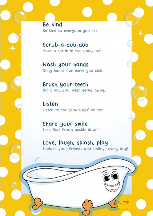 Bernie's Bubbly Buddies Rules poster with a yellow spots frame