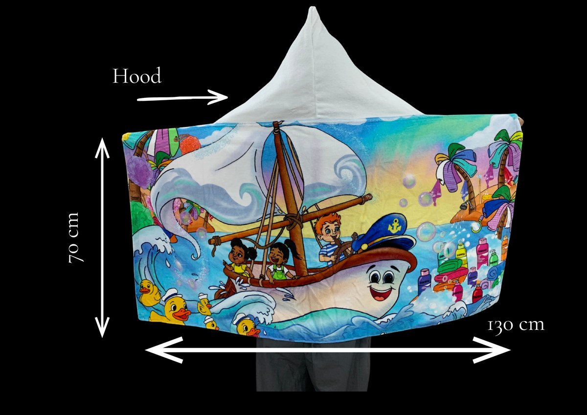 The Bernie the Bath™ hooded towel, 130cm by 70cm with a pointed hood